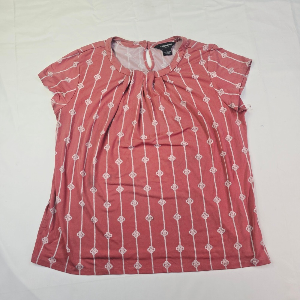 Liz Claiborne Career Blouse Women's Large Pink Nautical Rope Stripe Pleated Top